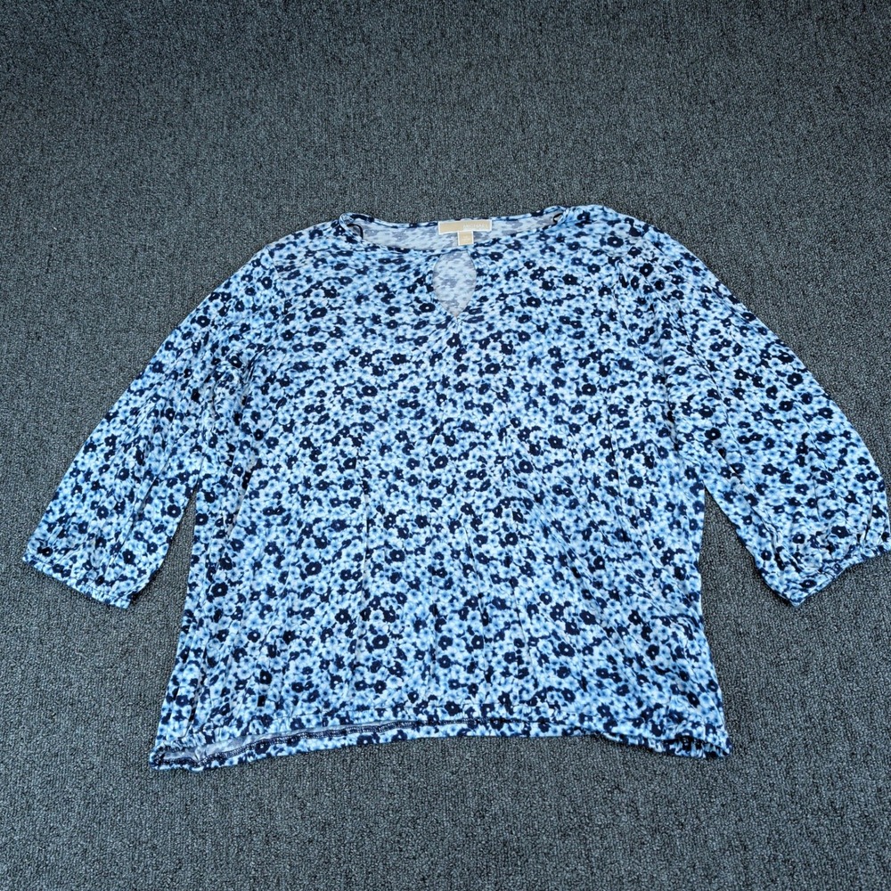 Michael Michael Kors 1X Women Blue Floral Keyhole 3/4 Sleeve Viscose Blouse Top — photo 2